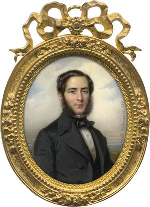 Lot 6563, Auction  122, Villeneuve (geb. Colombet), Cécile, Miniatur Portrait eines jungen Mannes mit buschigem Backenbart, in dunkelgrauer Jacke