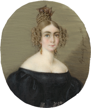 Lot 6567, Auction  122, Lipschütz, Miniatur Portrait einer jungen Frau in schwarzem Kleid, mit kunstvoller Frisur