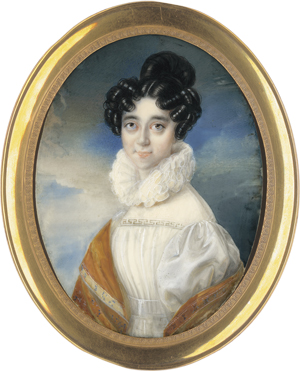 Lot 6571, Auction  122, Österreichisch, um 1825/1830. Miniatur Portrait einer jungen Frau mit orangem Kaschmirschal