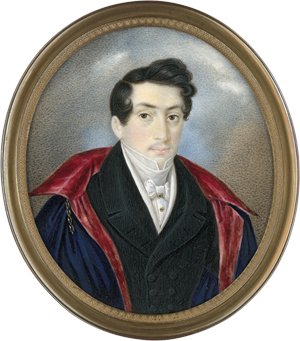 Lot 6572, Auction  122, Österreichisch, um 1820/1825. Miniatur Portrait eines jungen Mannes mit rot gefüttertem, blauem Umhang