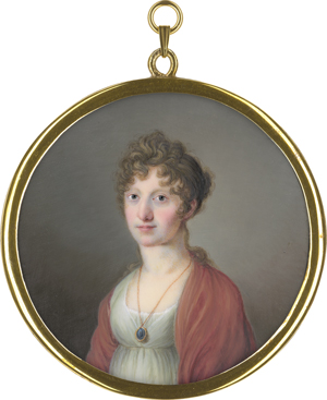 Los 6573 - Raabe, Karl Joseph - zugeschrieben - Miniatur Portrait einer jungen Frau mit Medaillon an Kette und ziegelrotem Schal - 0 - thumb