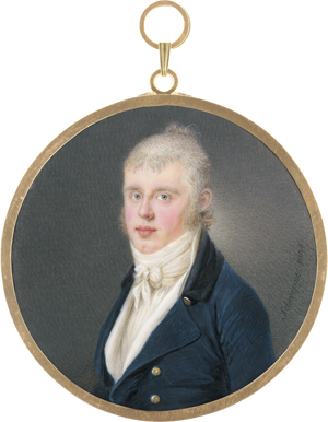 Lot 6574, Auction  122, Schweppe, Johann Gottlieb, Miniatur Portrait eines blonden jungen Mannes  in blauer Jacke mit schwarzem Kragen