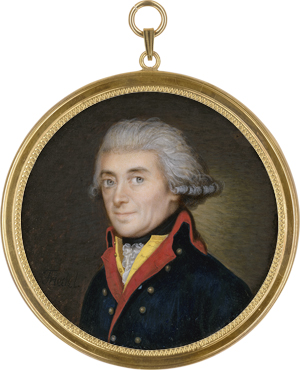 Lot 6576, Auction  122, Friedel, Peter, Miniatur Portrait eines Mannes mit gepuderter Perücke, in rot gefütterter blauer Jacke
