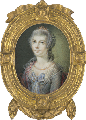 Lot 6578, Auction  122, Österreichisch oder Deutsch, um 1790. Miniatur Portrait einer jungen Frau in hellblauem Kleid mit Schleife