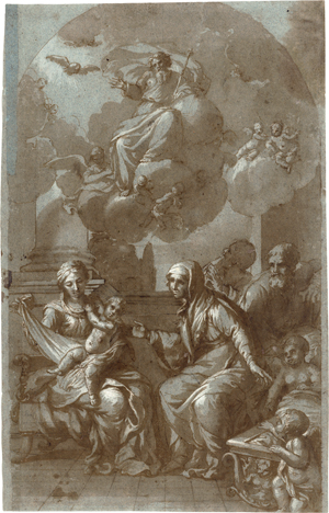 Lot 6640, Auction  122, Italienisch, 17. Jh. Die Hl. Familie mit Anna, im Himmel Gottvater mit der Hl. Geist Taube