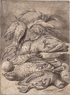 Lot 6649, Auction  122, Italienisch, 1735. Jagdstillleben mit Rebhühnern, Artischocken und Früchten