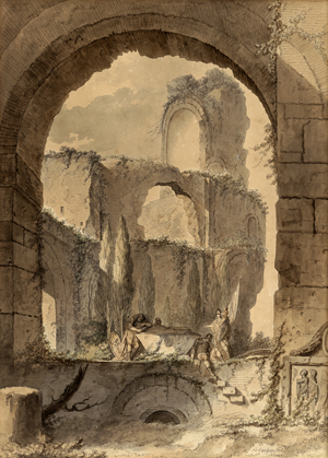Lot 6668, Auction  122, Lebarbier d. Ä., Jean Jacques François, Blick auf eine antike Ruine mit Trauernden an einem Grabmal