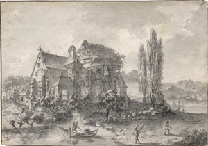 Lot 6683, Auction  122, Niederländisch, 18. Jh. Landschaftscapriccio mit Kirchenruine und Fischern