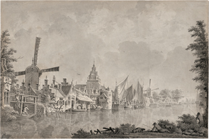 Lot 6690, Auction  122, Verrijk, Theodorus Dirk, Gracht mit Windmühlen und Segelschiffen, am Ufer Angler