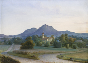 Lot 6735, Auction  122, Schwencke, Theodor, Das barocke Schloss Fischbach bei Hirschberg in Schlesien, im Hintergrund die Falkenberge