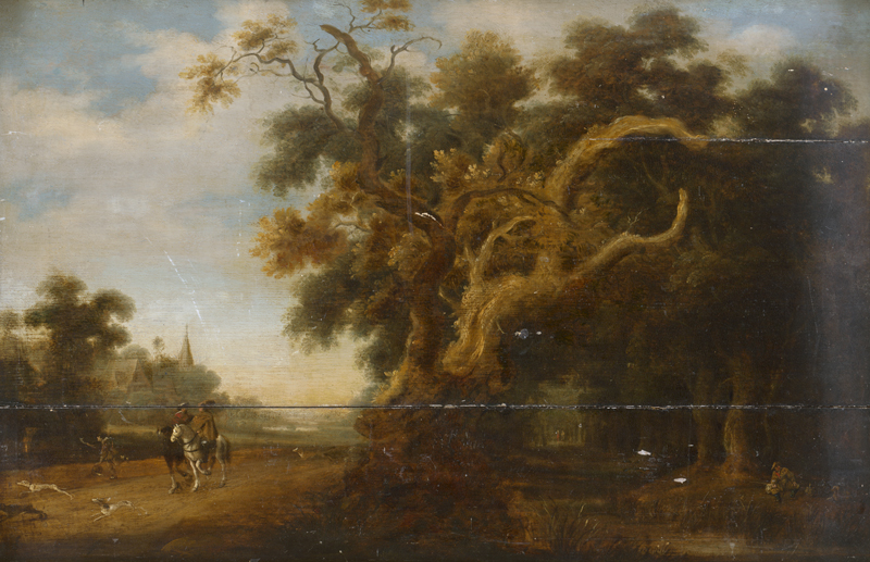 Lot 6307, Auction  122, Niederländisch, 17. Jh. Landschaft mit zwei Edelleuten zu Pferd auf einer Landstraße, im Hintergrund ein Dorf