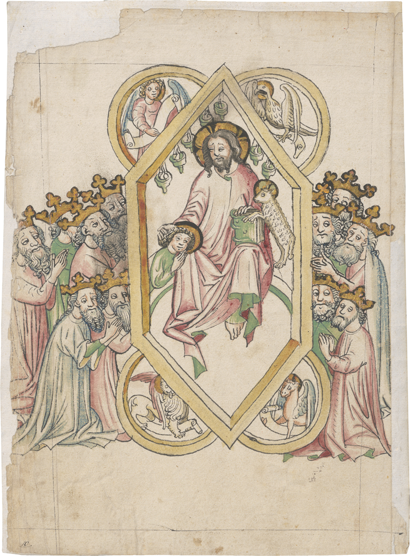 Lot 6602, Auction  122, Deutsch, um 1420. Christus, umgeben von den Attributen der Evangelisten und den 11 Aposteln