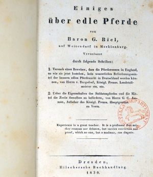 Lot 405, Auction  123, Biel, Gottlieb Wilhelm Ludwig, Einiges über edle Pferde