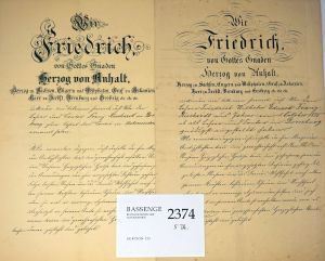 Lot 2374, Auction  123, Friedrich Herzog von Anhalt-Dessau, Drei Urkunden der Herzöge Friedrich I. und Friedrich II.