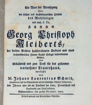 Lot 2665, Auction  123, Schmidt, Johann Lorenz, Ein Wort der Beruhigung über den frühen und hochbedauerlichen Hintritt 