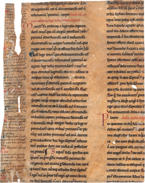Lot 2821, Auction  123, Gratianus de Clusio, Decretum latinum, secunda pars, causa I. Einzelblattfragment einer lateinischen Handschrift auf Pergament.