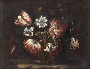 Los 6005 - Spanisch - um 1700. Blumenstillleben mit Tulpen in einem Bastkorb - 0 - thumb