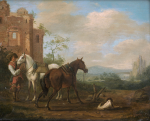 Los 6015 - Niederländisch - 17. Jh. Reiter mit zwei Pferden und seinem Hund bei einer Ruine - 0 - thumb