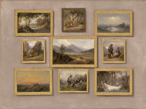 Lot 6048, Auction  123, Kiesling, Ferdinand, Wand einer Gemäldesammlung mit fünf Landschafts- und vier Genrebildern des 19. Jahrhunderts