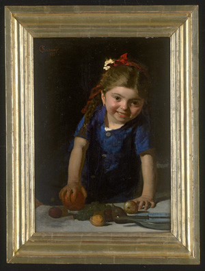 Los 6089 - Kirchmayr, Cherubino - Mädchen im blauen Kleid mit Zöpfen und rotweißer Schleife an einem Tisch mit Obst - 1 - thumb