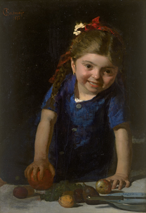 Los 6089 - Kirchmayr, Cherubino - Mädchen im blauen Kleid mit Zöpfen und rotweißer Schleife an einem Tisch mit Obst - 0 - thumb