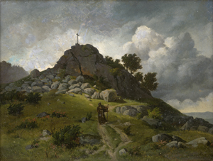 Lot 6102, Auction  123, Börner, Hugo, Landschaft mit Kapuzinermönch bei einem Felsgipfel mit Kruzifix