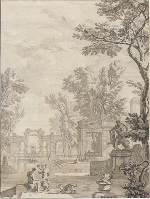 Lot 6582, Auction  123, Moucheron, Isaac de, Idealer Palastgarten mit Brunnenanlage, figürlicher Staffage und Herkules-Skulptur