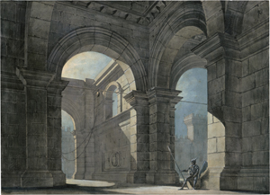 Lot 6595, Auction  123, Italienisch, Ende 18. Jh. Eingangshalle einer Festung mit Wachsoldat