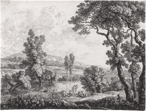 Lot 6610, Auction  123, Steiner, Emanuel, Arkadische Landschaft mit Badenden an einem Flussufer