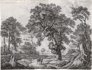 Lot 6611, Auction  123, Steiner, Emanuel, Landschaft mit knorrigen Eichen und einem Paar auf einer Chaussee