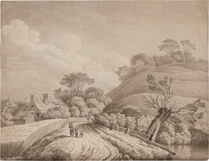 Los 6654 - Dresden - um 1820. Weg durch Hügellandschaft mit Bauernhäusern, Weide am Weiher und Staffage - 0 - thumb