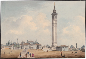 Lot 6672, Auction  123, Griechisch, ca. 1809. Vorplatz einer türkischen Moschee mit Minarett und Staffage