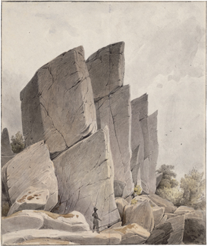 Lot 6693, Auction  123, Deutsch, um 1840. Pittoreske Sandsteinfelsen in der Rhön, im Vordergrund ein Wanderer mit Zeichenmappe