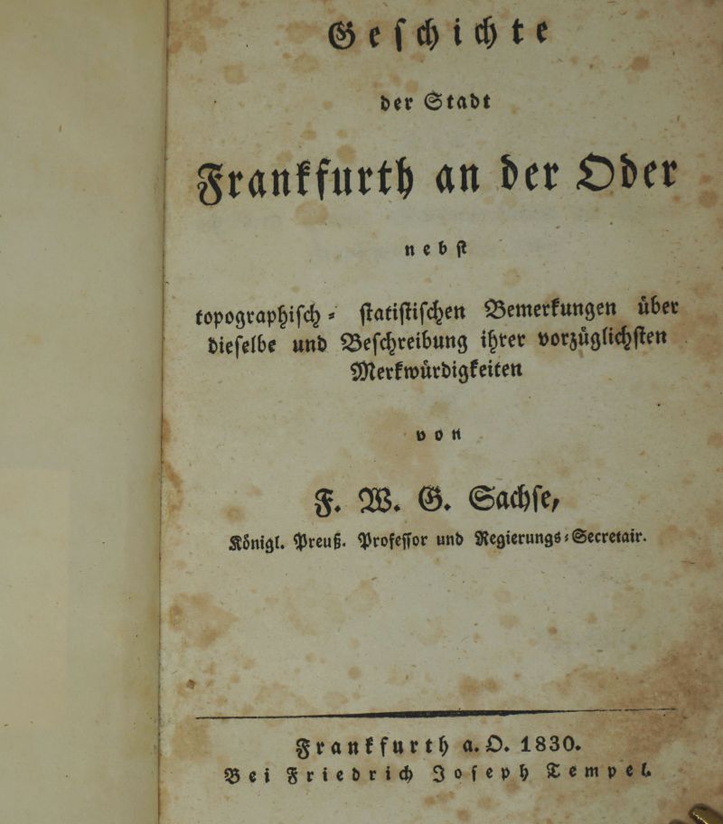 Lot 206, Auction  123, Sachse, F. W. G., Geschichte der Stadt Frankfurth an der Oder 
