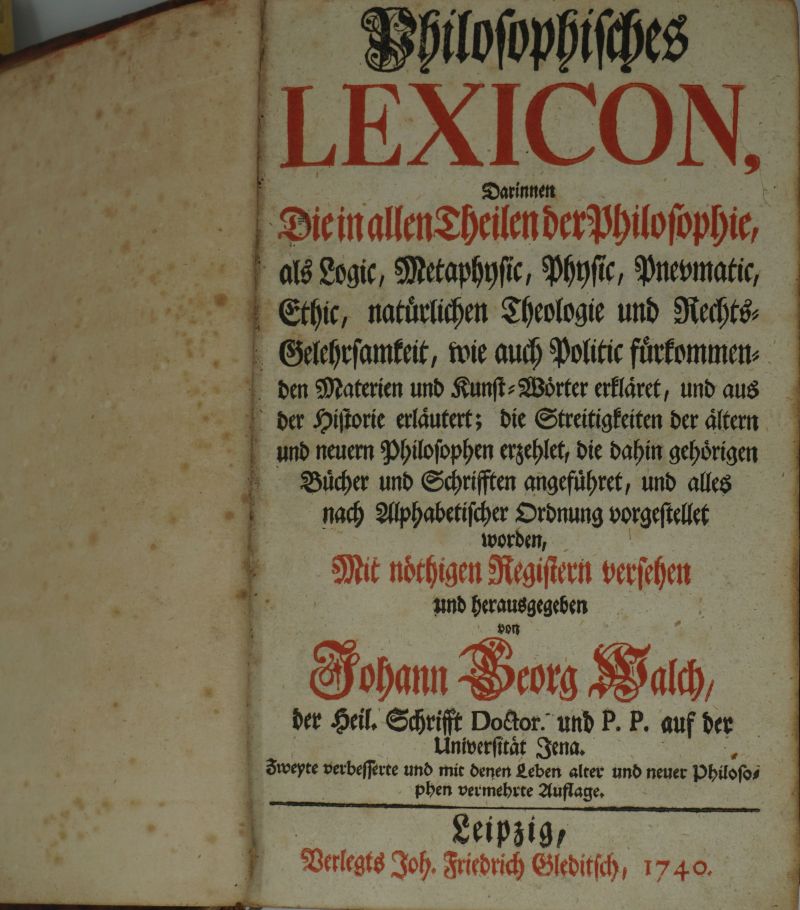Lot 2195, Auction  123, Walch, Johann Georg, Philosophisches Lexicon