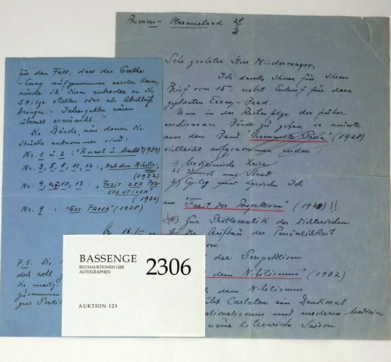 Lot 2306, Auction  123, Oelze, Friedrich Wilhelm, Konvolut Briefe über Gottfried Benn