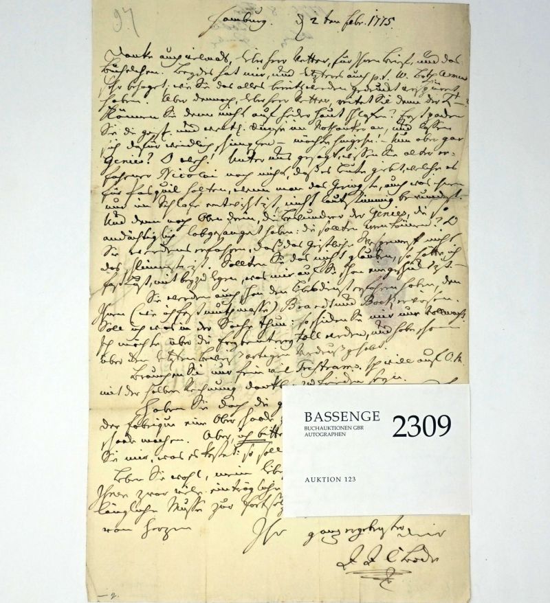 Lot 2309, Auction  123, Bode, Johann Joachim Christoph, Brief an Nicolai