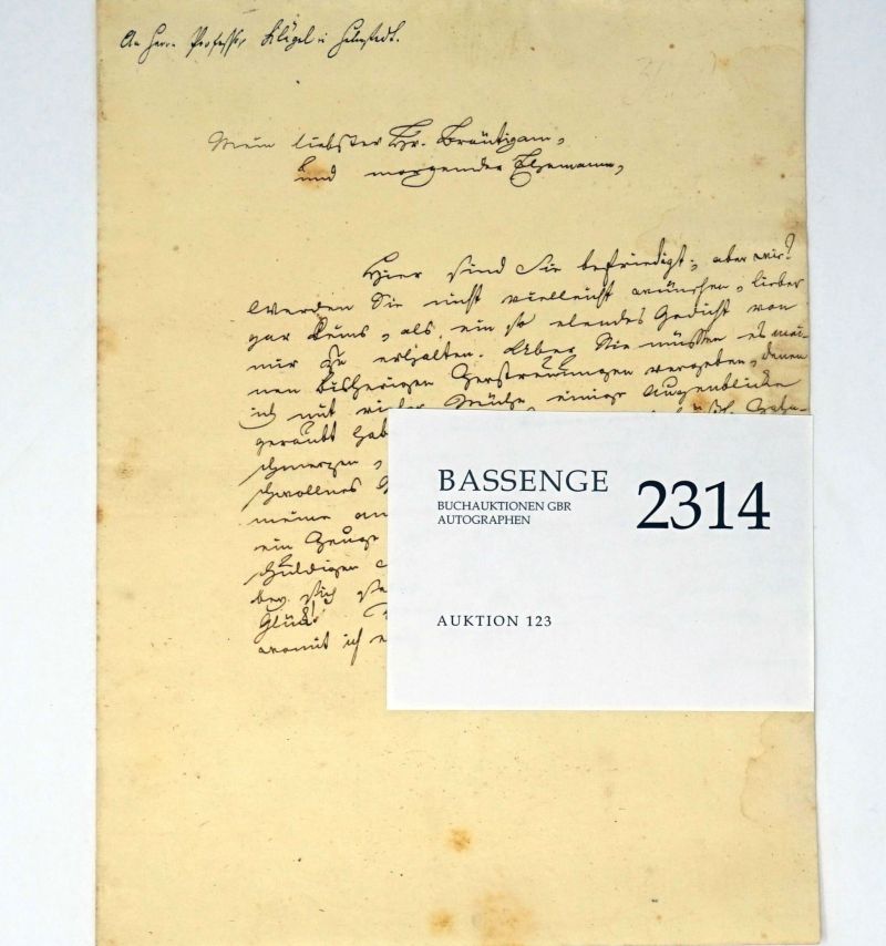 Lot 2314, Auction  123, Eschenburg, Johann Joachim, Brief 1769 an Prof. Schlegel in Helmstedt