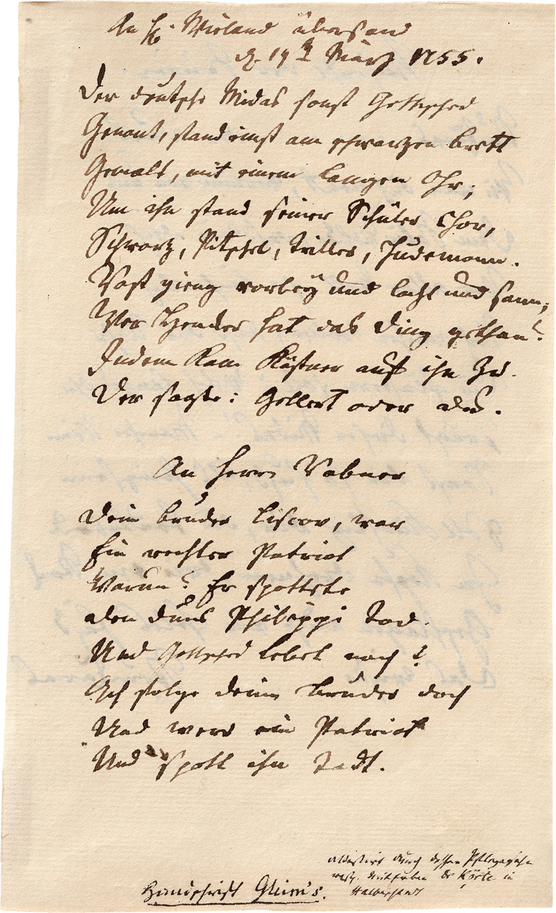 Lot 2318, Auction  123, Gleim, Johann Wilhelm Ludwig, Manuskript mit 3 Gedichten