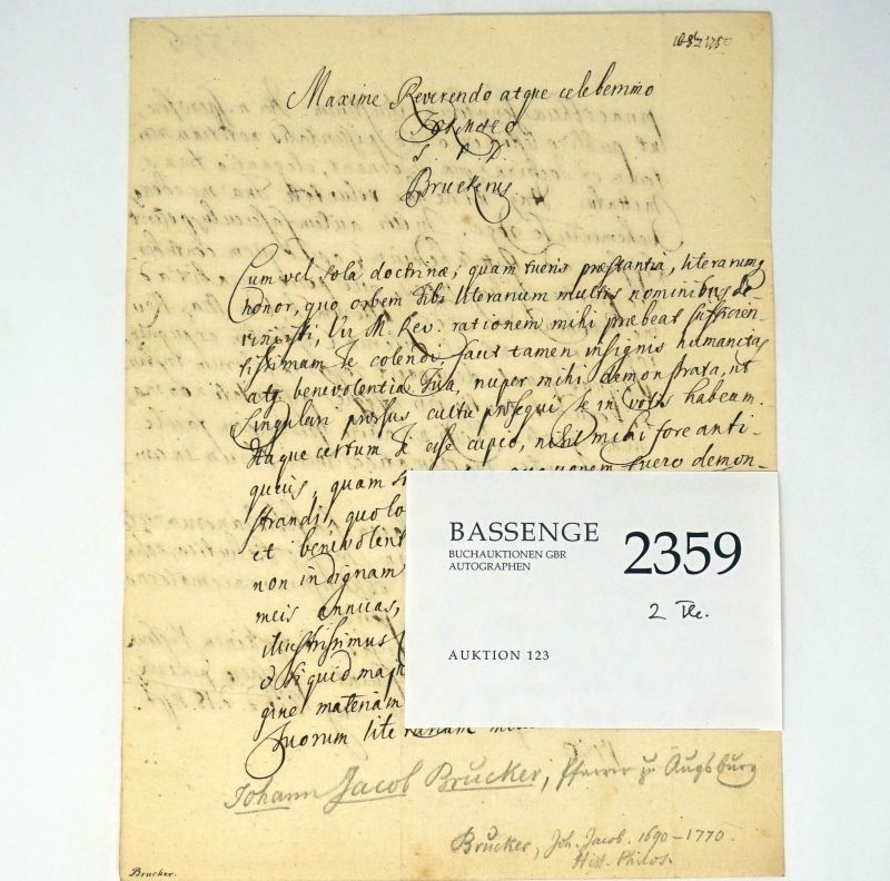 Lot 2359, Auction  123, Brucker, Johann Jacob, Brief 1750 an einen Kollegen
