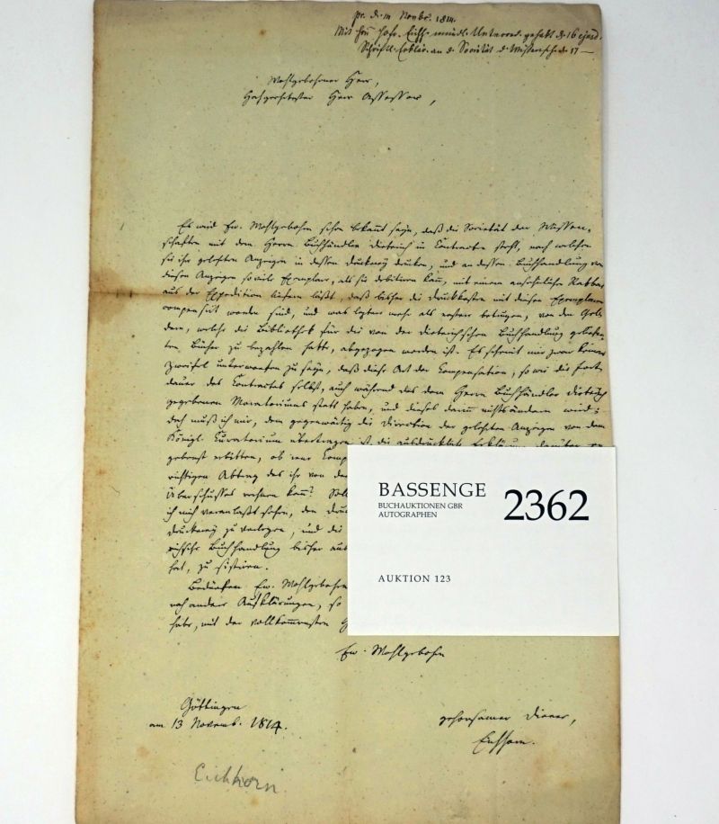 Lot 2362, Auction  123, Eichhorn, Johann Gottfried, Brief 1814 über die Göttinger "Gelehrten Anzeigen"