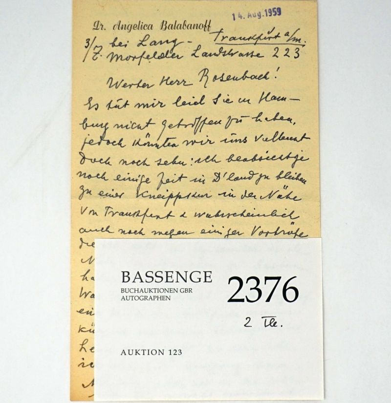 Lot 2376, Auction  123, Balabanoff, Angelica, Brief 1959 an Detlev Rosenbach