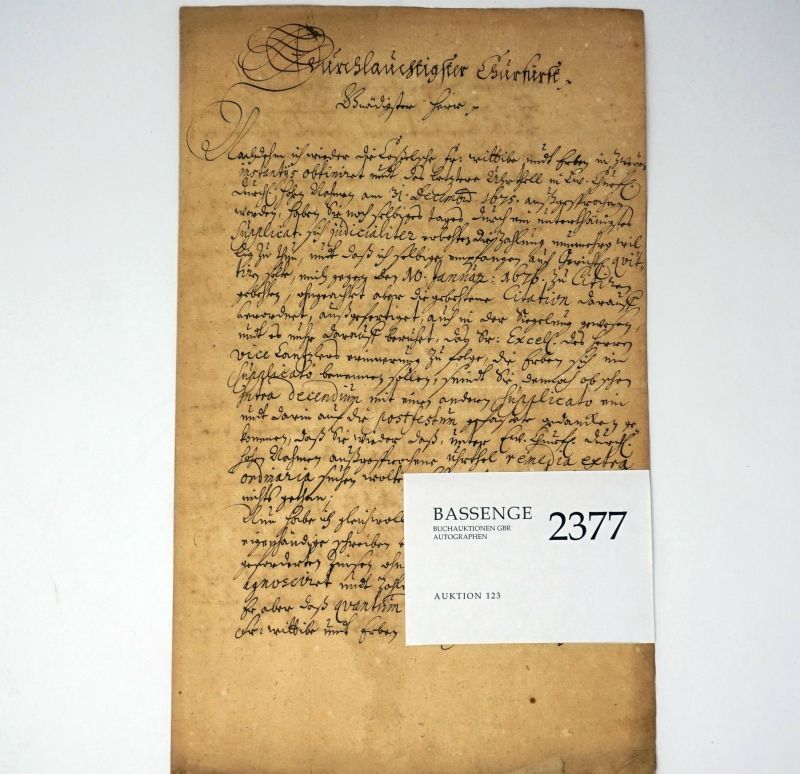 Lot 2377, Auction  123, Friedrich Wilhelm, Kurfürst von Brandenburg, Signierte Verfügung auf einem Brief an ihn