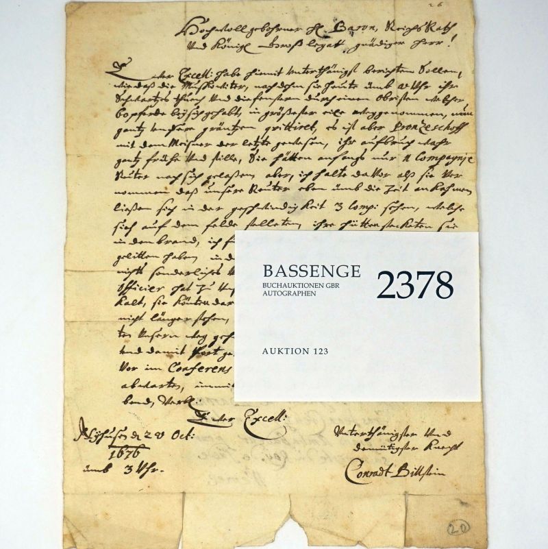 Lot 2378, Auction  123, Billstein, Conradt, Brief 1676 über Schwedens Krieg gegen Preußen