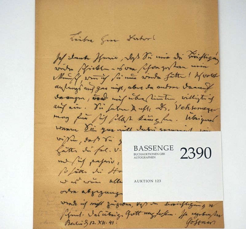 Lot 2390, Auction  123, Gossner, Johannes Evangelista, Brief 1841