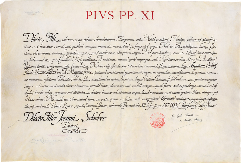 Lot 2399, Auction  123, Pius XII., röm. Papst, Signierte Urkunde als Kardinal