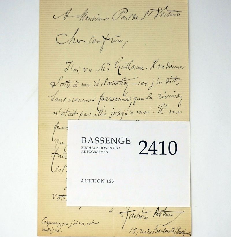 Lot 2410, Auction  123, Astruc, Zacharie, Brief an Paul de St. Victor