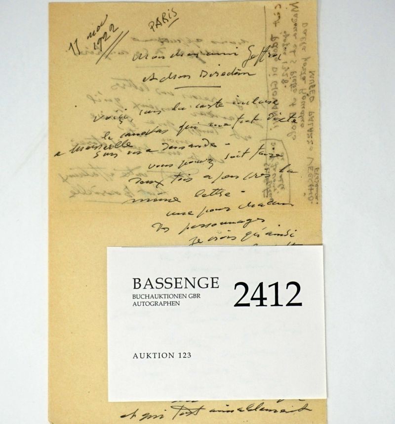 Lot 2412, Auction  123, Bourdelle, Antoine, Brief 1922 an Gustave Geffroy