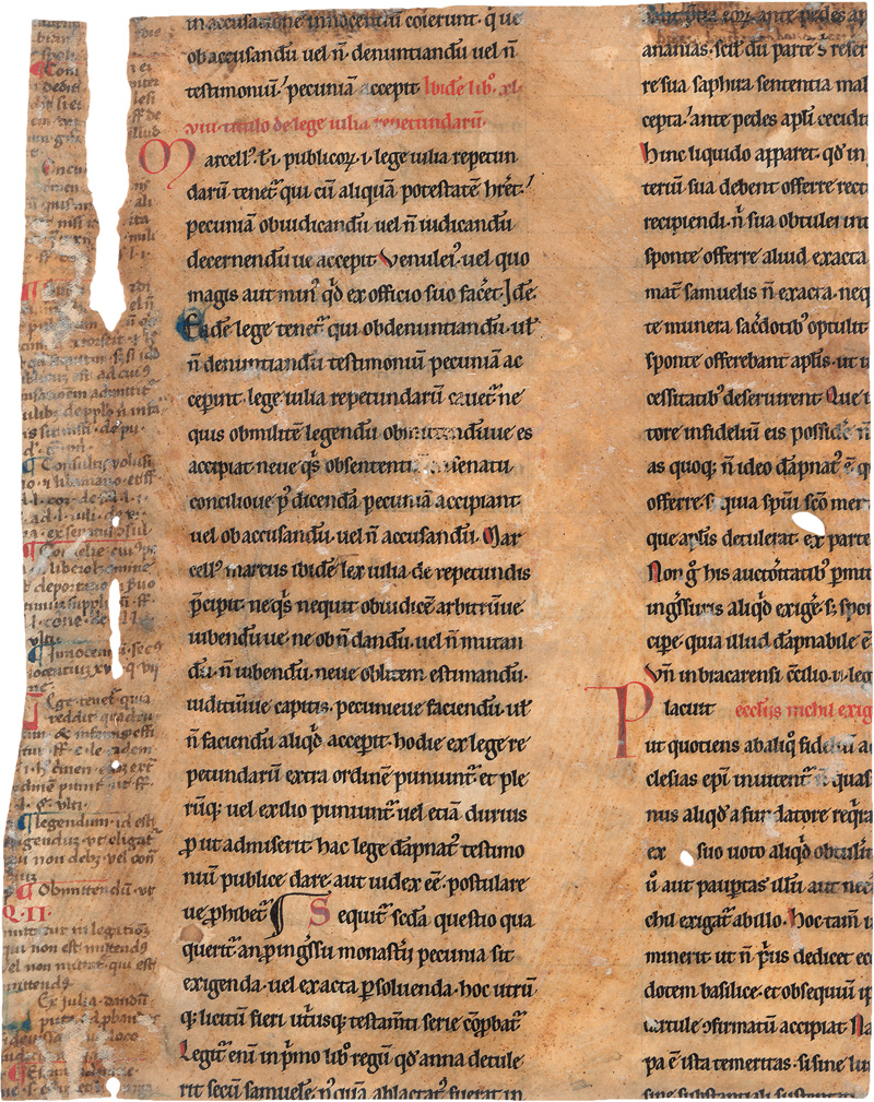 Lot 2821, Auction  123, Gratianus de Clusio, Decretum latinum, secunda pars, causa I. Einzelblattfragment einer lateinischen Handschrift auf Pergament.