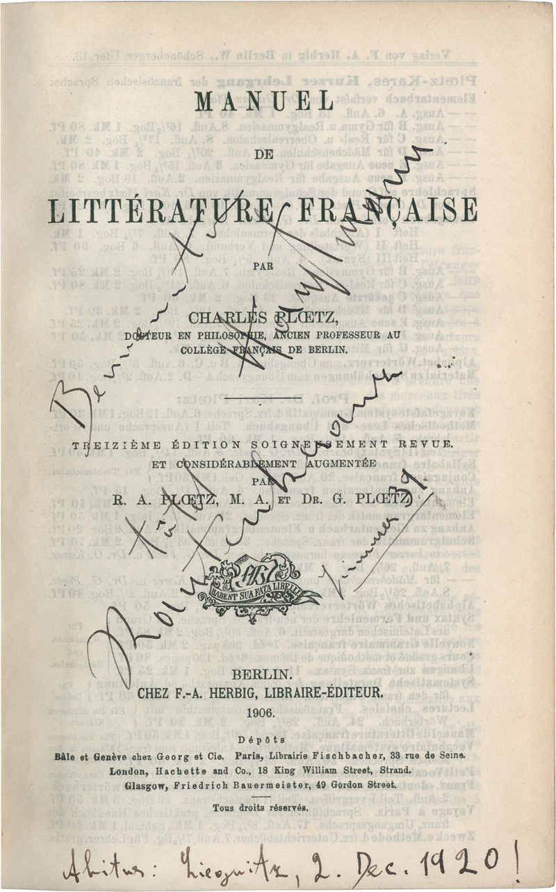 Lot 3174, Auction  123, Ploetz, Charles, Manuel de littérature française